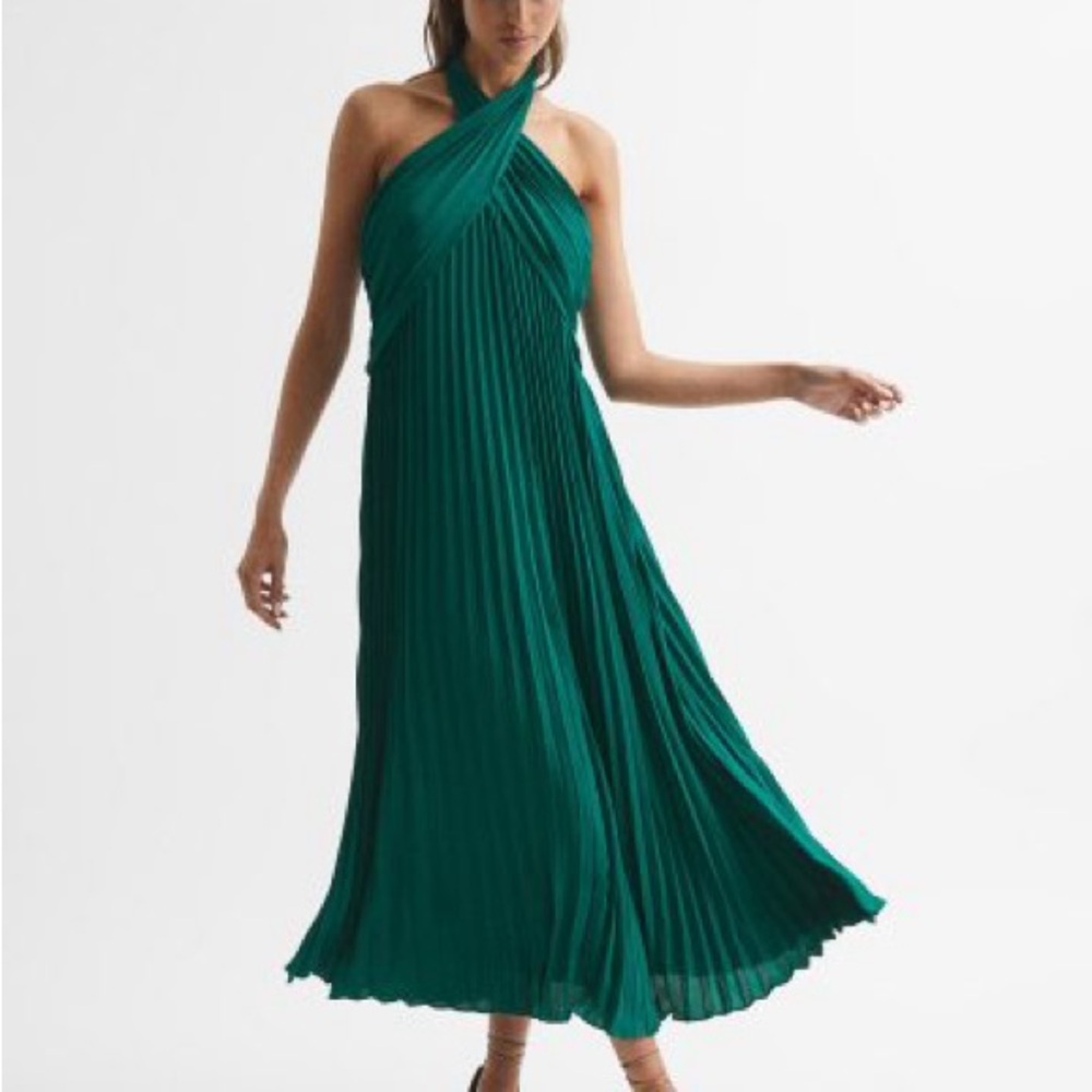 Reiss Roya Pleated Accordion Halter Sleeveless Emerald Green Midi Dress Size 0